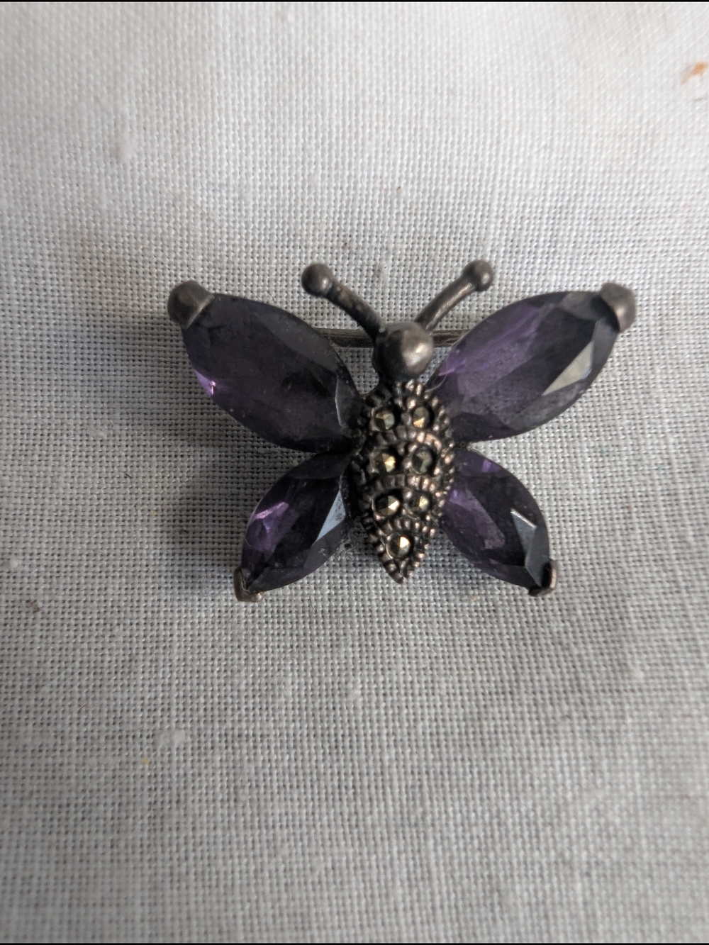 Purple Crystal Amethyst Marcasite Sterling Silver Tiny Butterfly Brooch